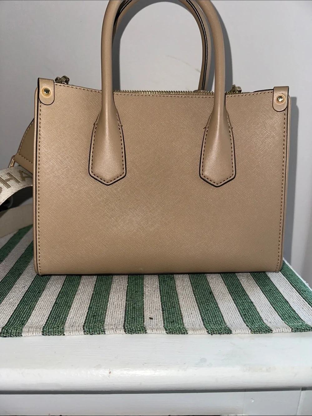 Michael Kors Saffiano Leather Satchel in Beige with Gold Hardware